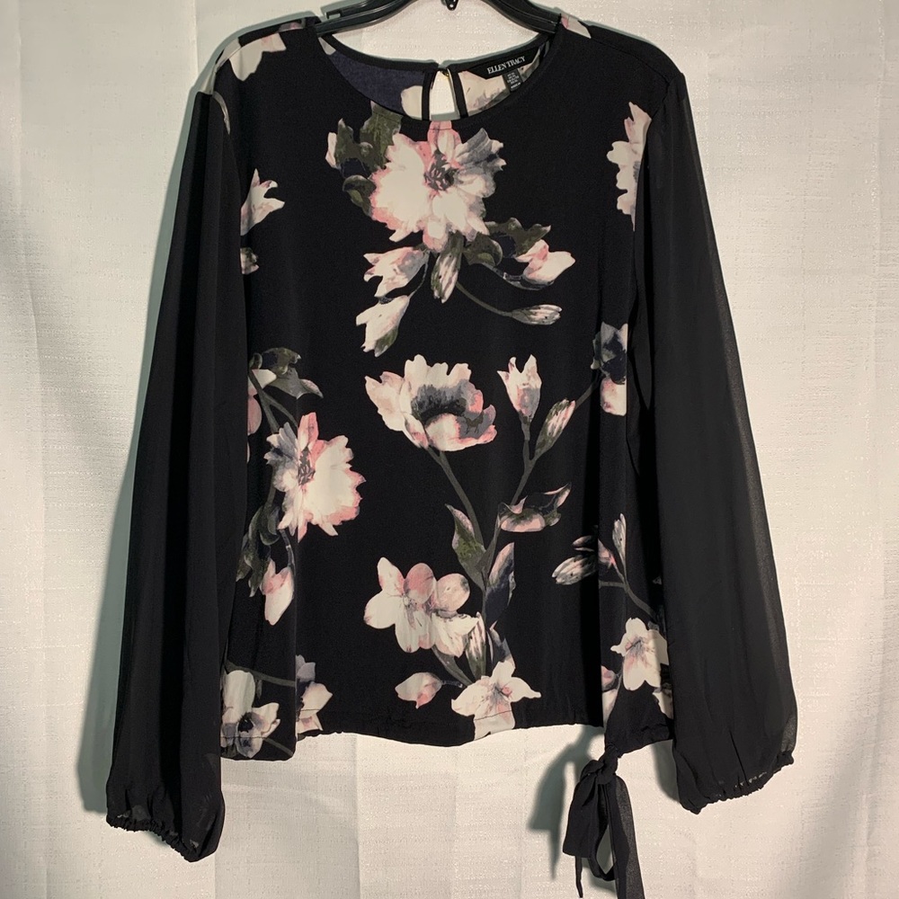 Ellen Tracy XL black pink Floral blouse with sheer sleeves